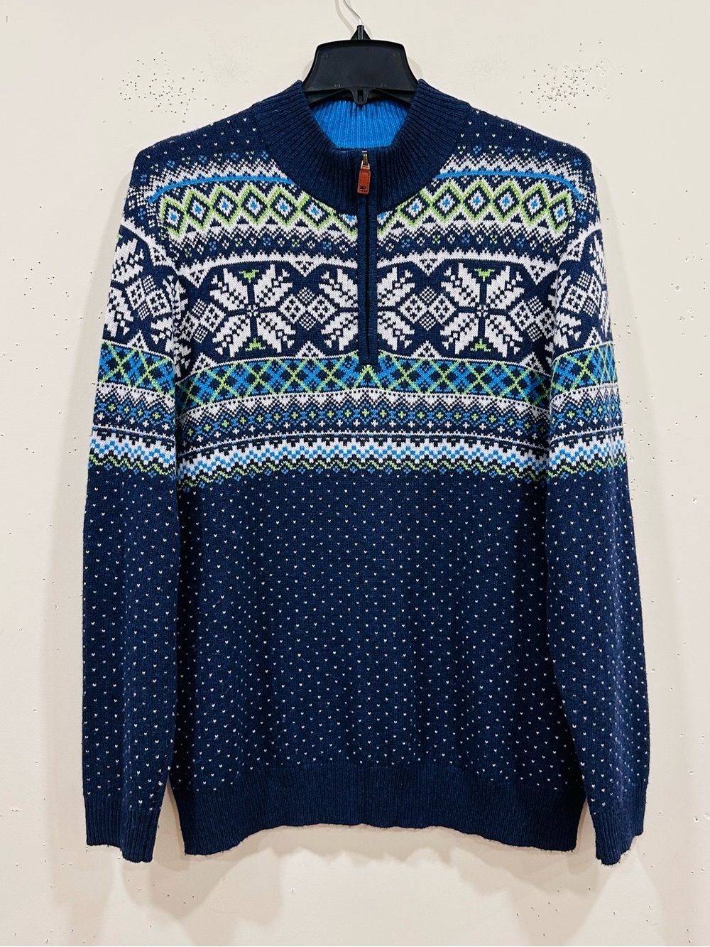 Vineyard Vines Men XL Fair Isle Nordic Quarter 1/4 Zip Sweater Wool Alpaca Blue